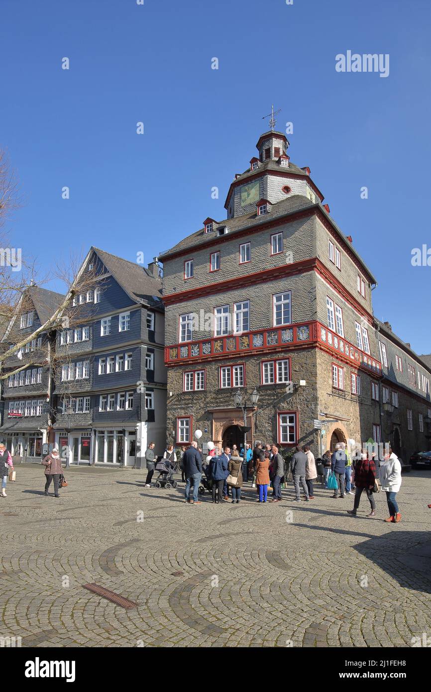 Historic town hall built in 1590 on the market square in Herborn, Hesse, Germany Stock Photo