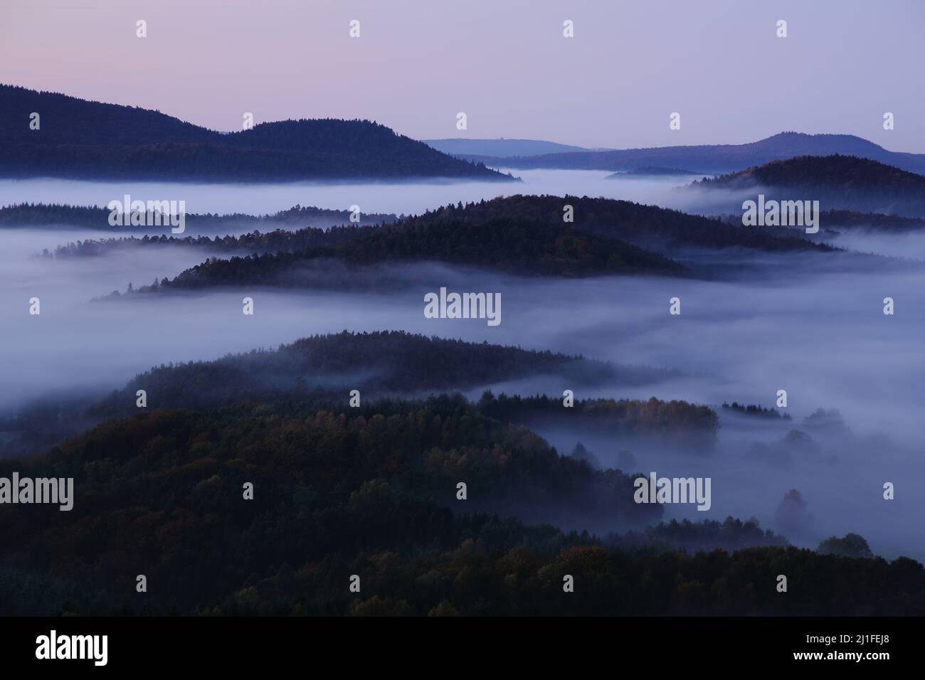 Before sunrise at Lindelbrunn Castle in the Dahner Felsenland, Rhineland-Palatinate, Germany Stock Photo