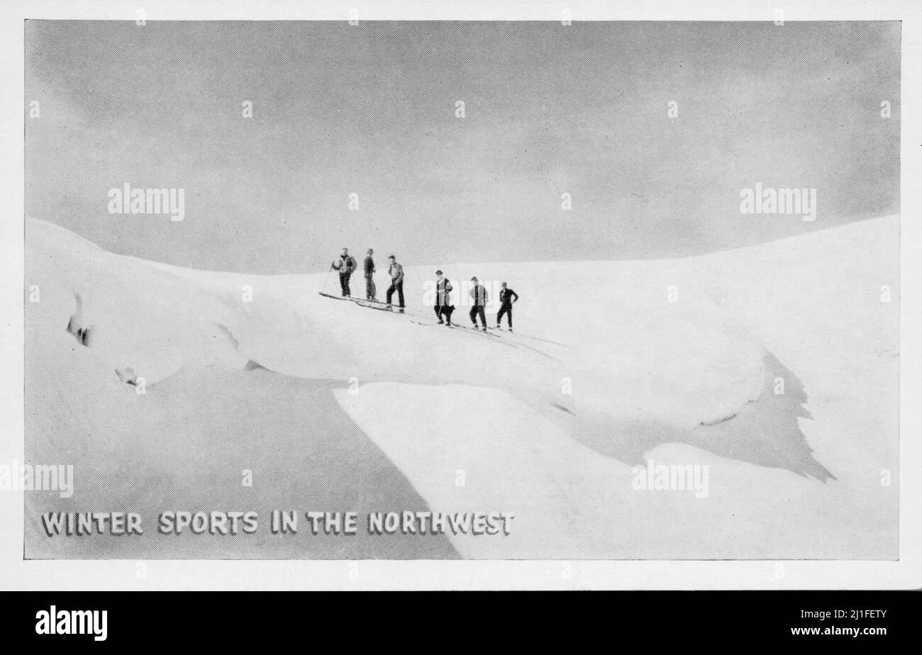 Winter Sports in the Northwest, skiers in the Pacific Northwest, approx 1950s lithograph postcard. unknown photographer Stock Photo