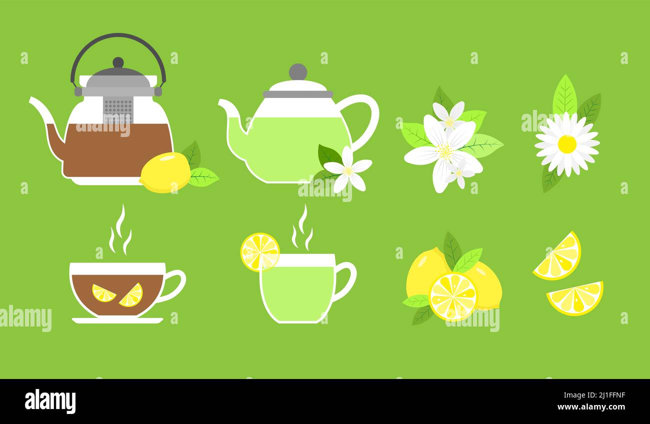 Glass tea elements collection with lemon, jasmine, chamomile. Vector illustration. Stock Vector
