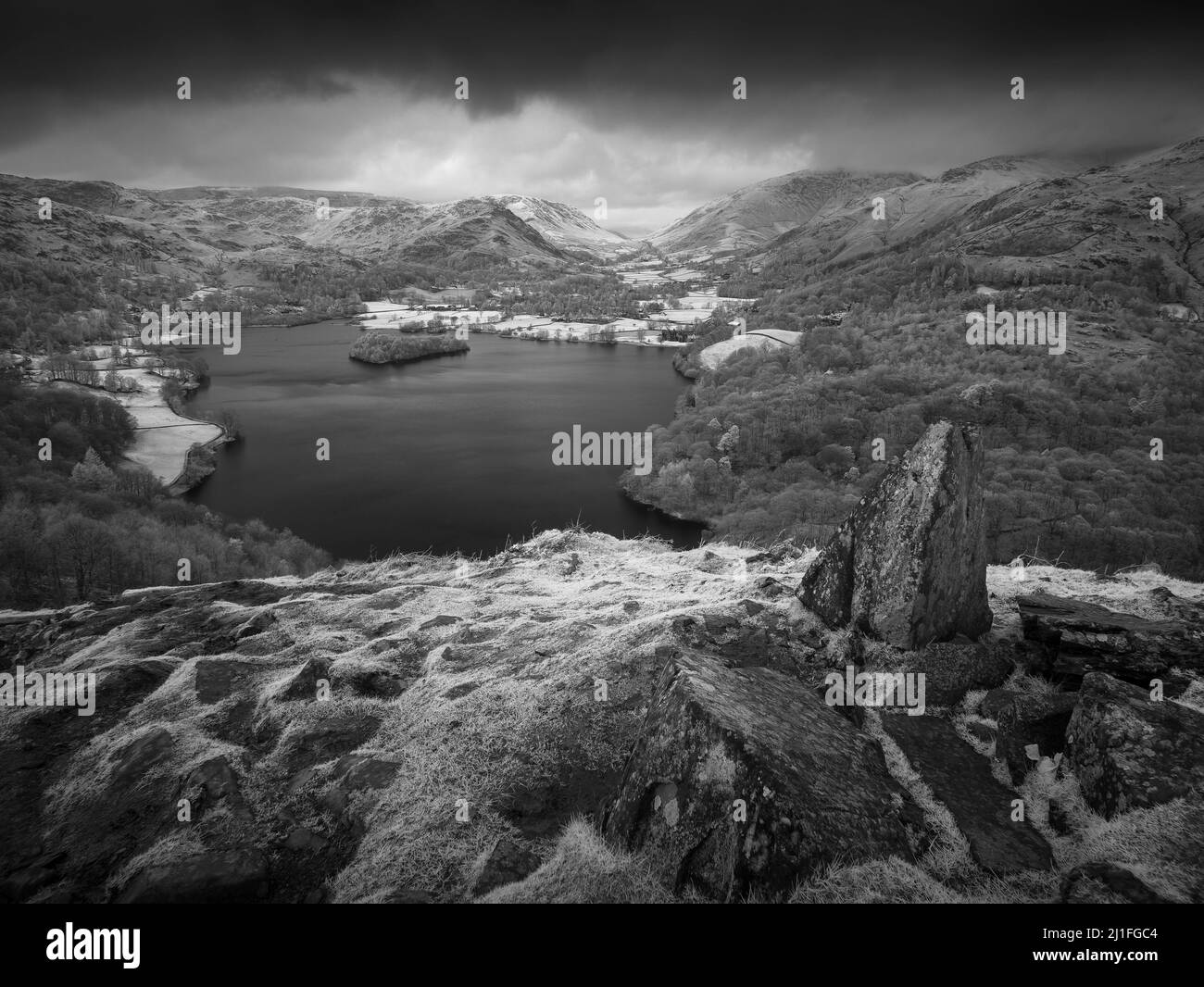 A black and white image of Grasmere from Loughrigg Fell in the Lake District National Park, Cumbria, England. Stock Photo
