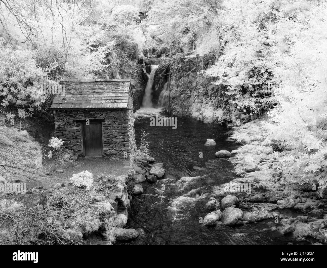 A black and white infrared image of The Grot summer house and Rydal Falls at Rydal Hall. Lake District National Park, Cumbria, England. Stock Photo