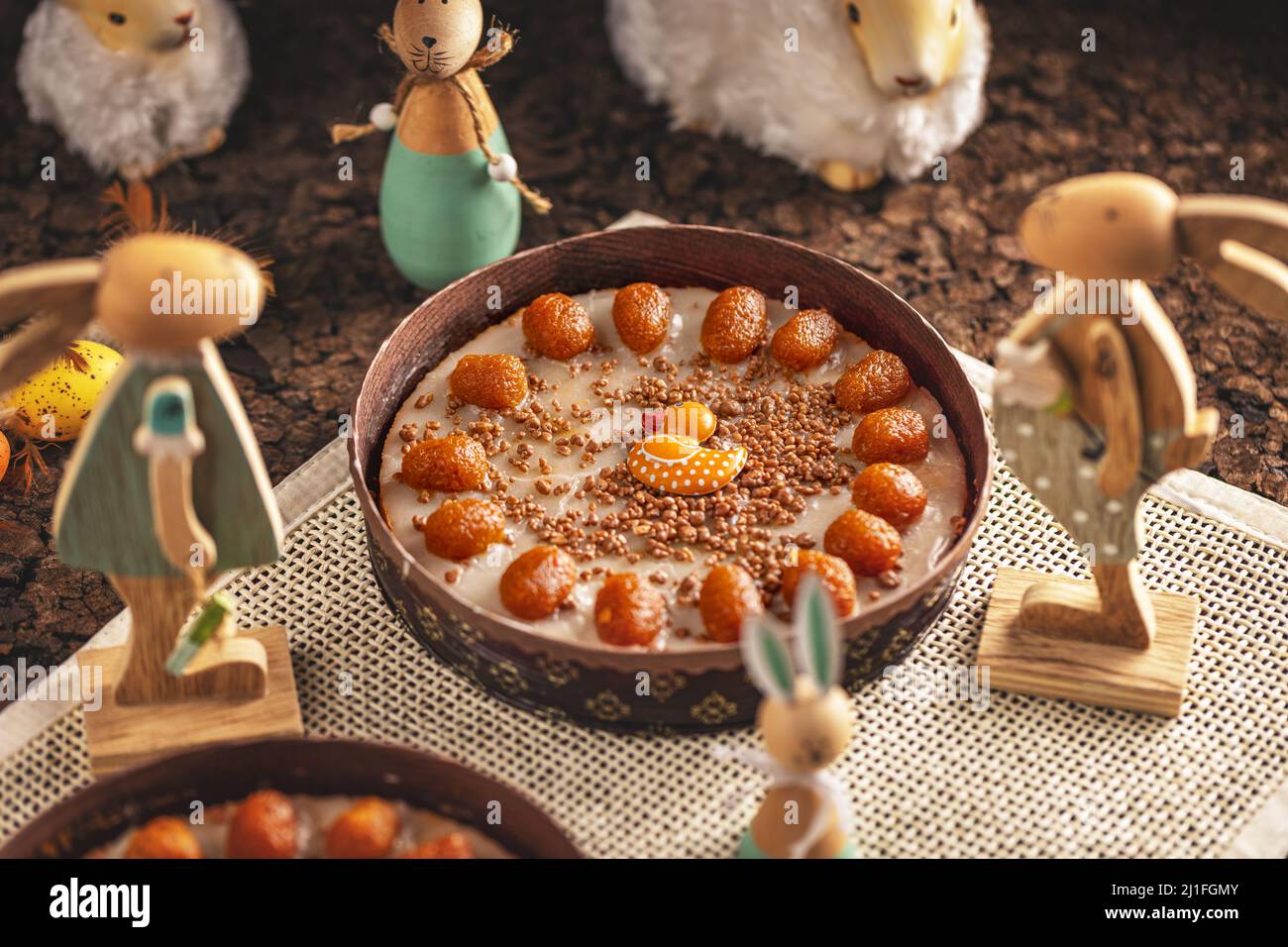 Easter carrot cake decorated with mini caramelized carrots Stock Photo