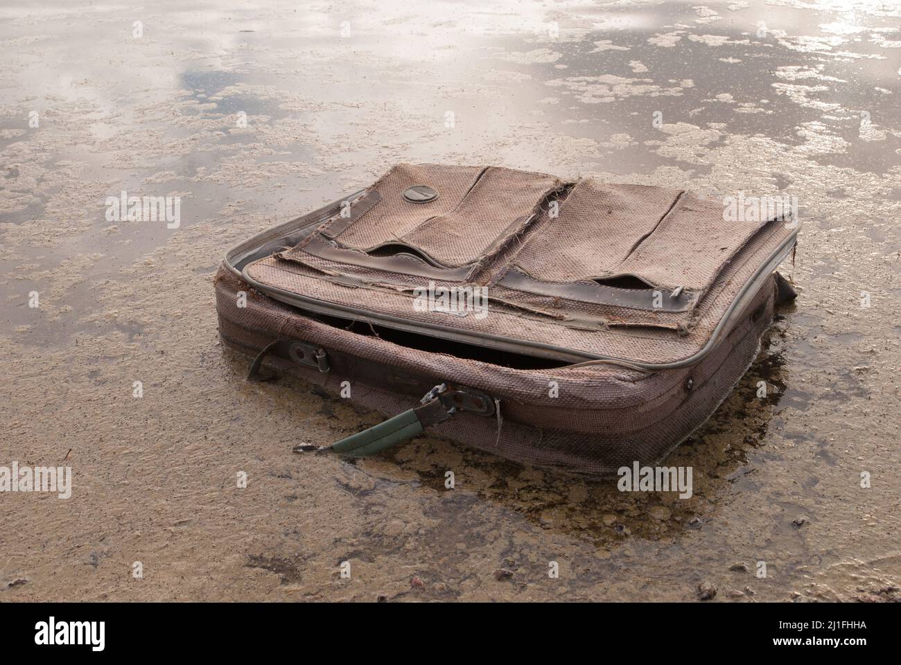 Old American Flyer travel suitcase discarded in the lake.Trashed, old suitcase. Lost dream. No plans. Travel luggage left behind. American Flyer bag. Stock Photo