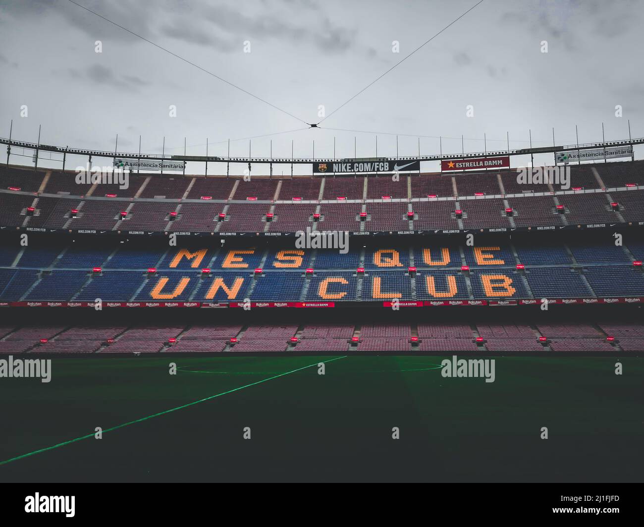 A shot of the famous slogan of FC Barcelona at Camp Nou stadium in