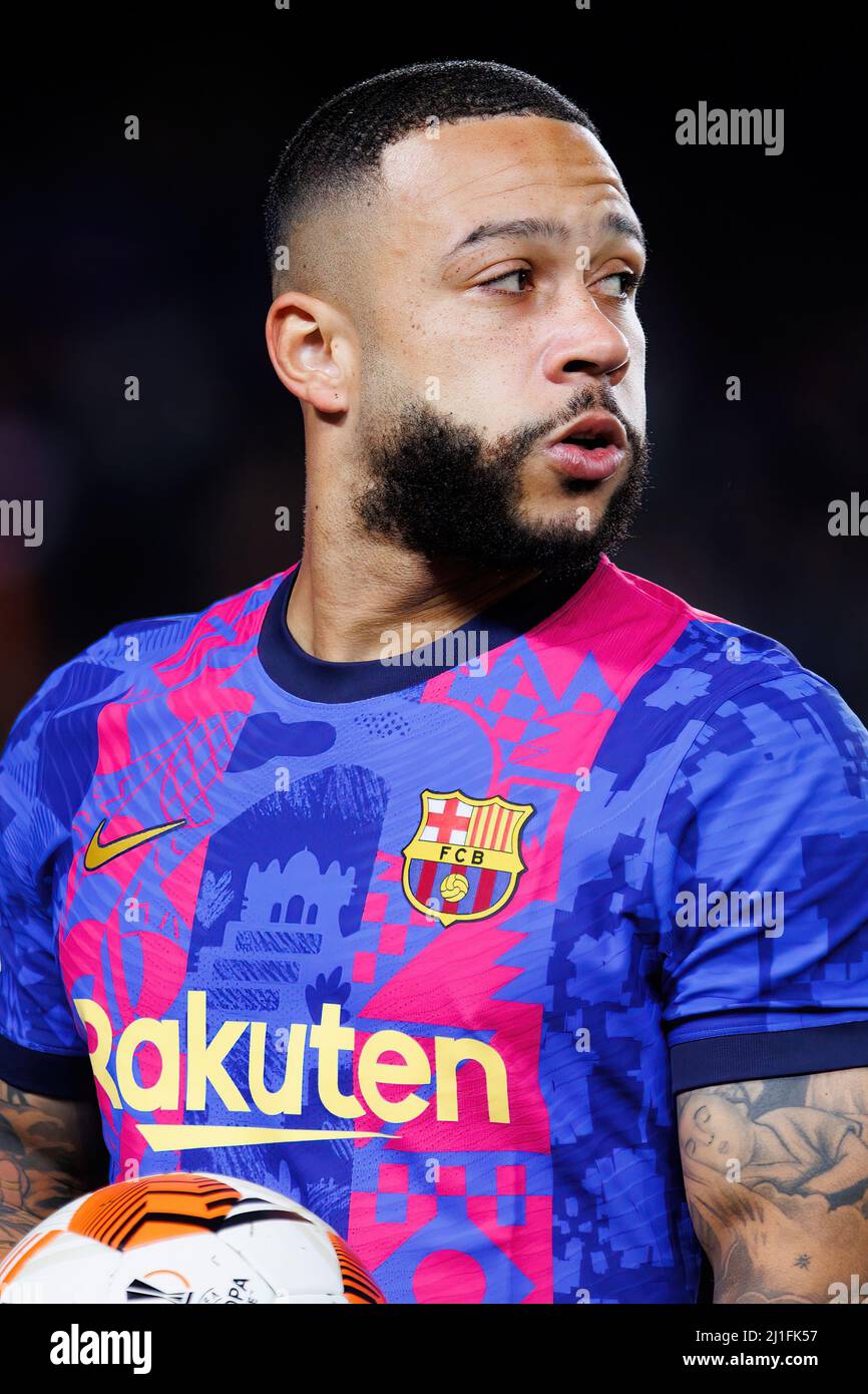 BARCELONA - MAR 10: Memphis Depay in action during the Uefa Europa League match between FC Barcelona and Galatasaray Spor Kulubu at the Camp Nou Stadi Stock Photo