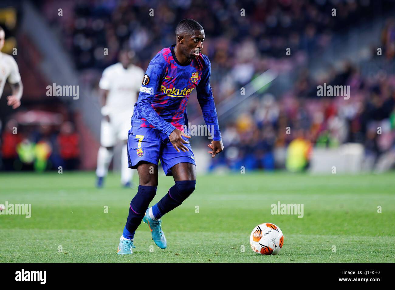 BARCELONA - MAR 10: Ousmane Dembele in action during the Uefa Europa League match between FC Barcelona and Galatasaray Spor Kulubu at the Camp Nou Sta Stock Photo