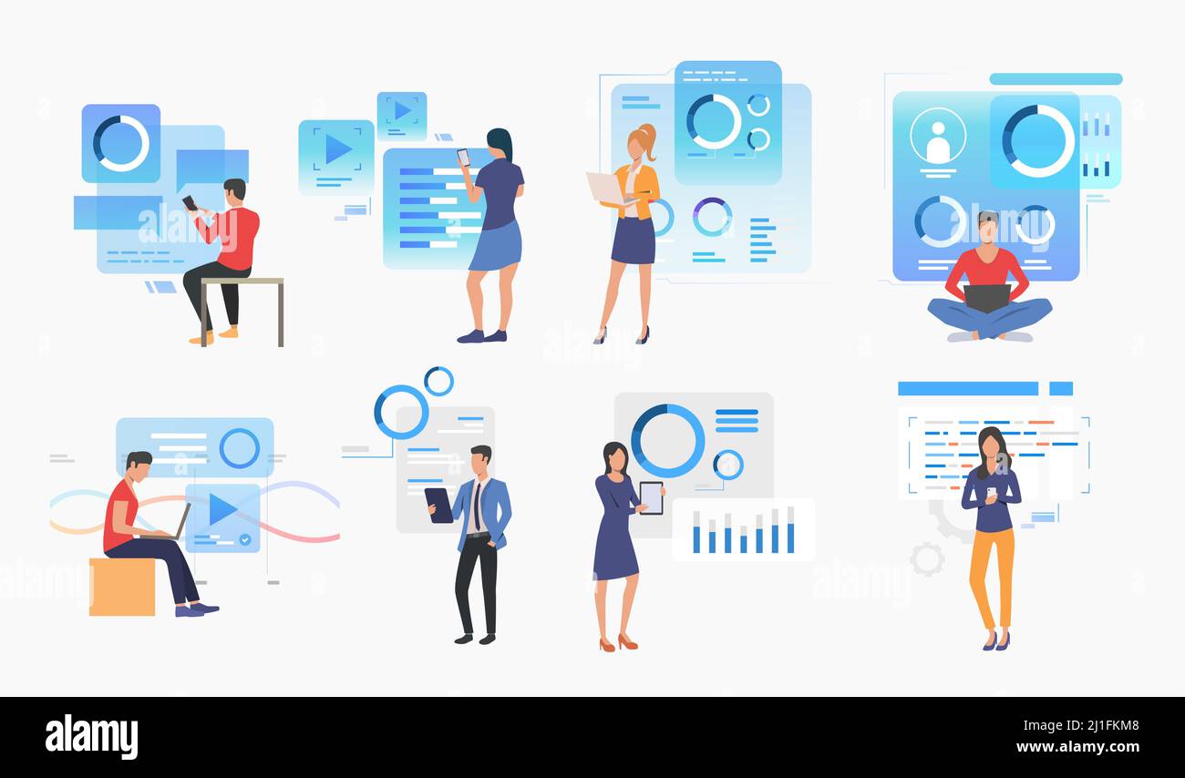 Set of people using modern technologies. Group of men and women working with interfaces. User interface concept. Vector illustration for website, land Stock Vector