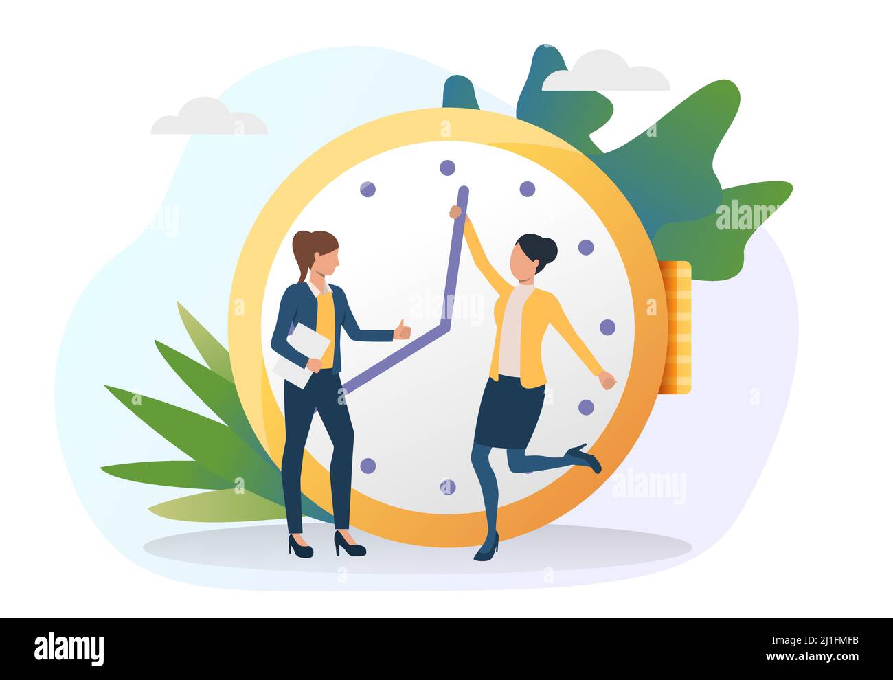 Business women moving clock hands ahead. Colleagues standing at clock