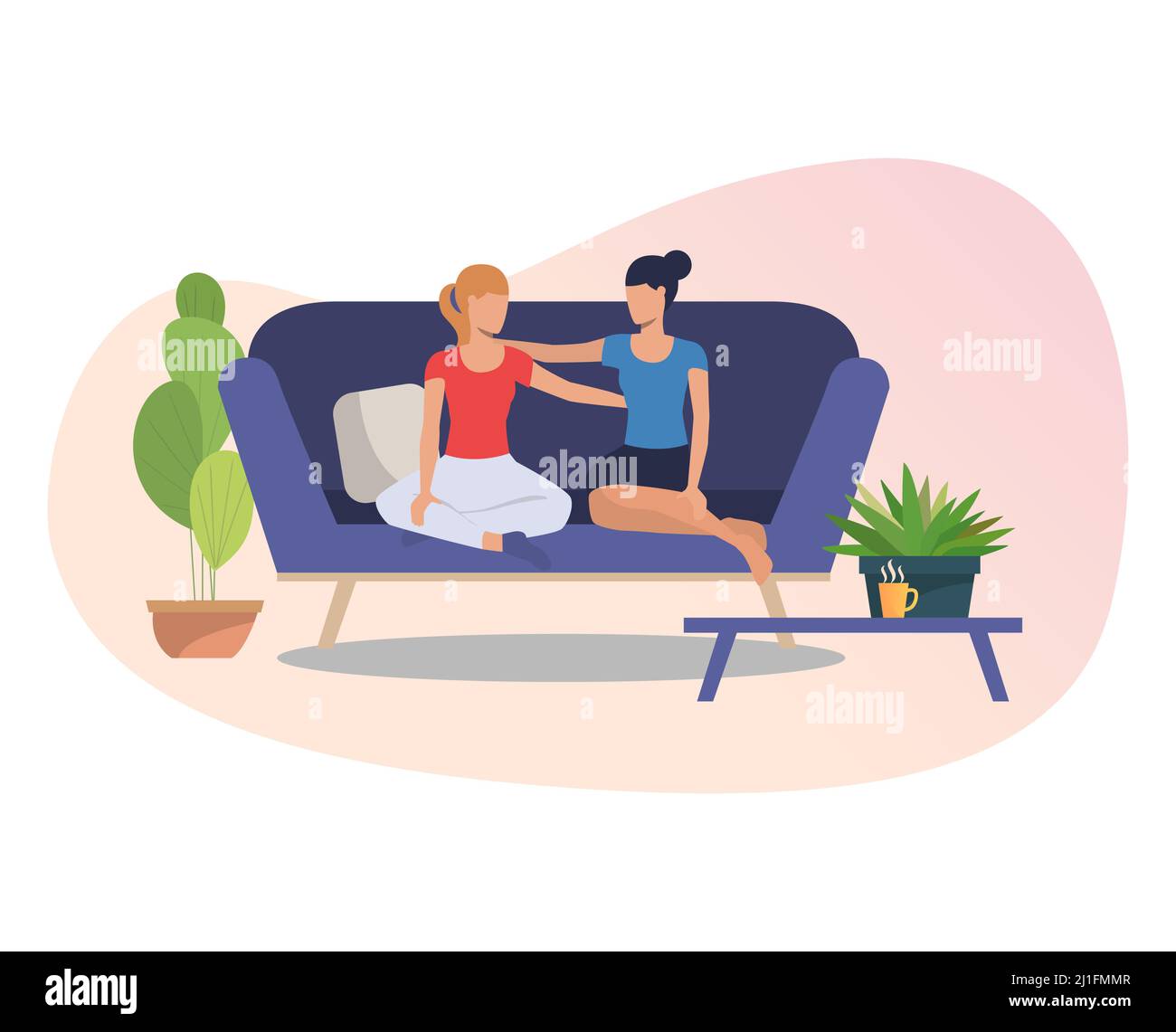 Female Friends Hugging Each Other Women Sitting On Couch Talking And Embracing Friendship 