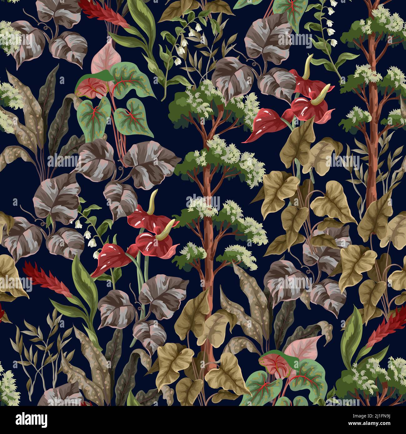 Seamless pattern with jungle trees and tropical plant. Vector. Stock Vector