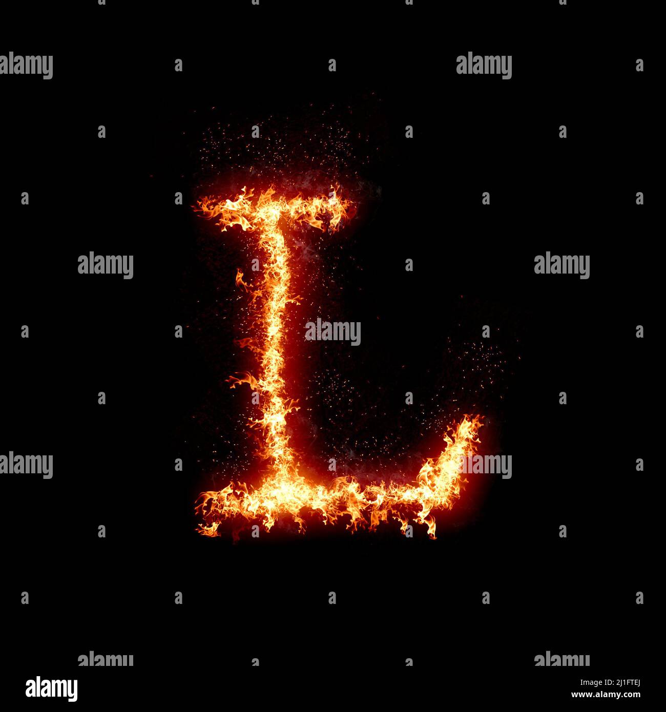 Letter L burning in fire, digital art isolated on black background, a letter from alphabet set Stock Photo