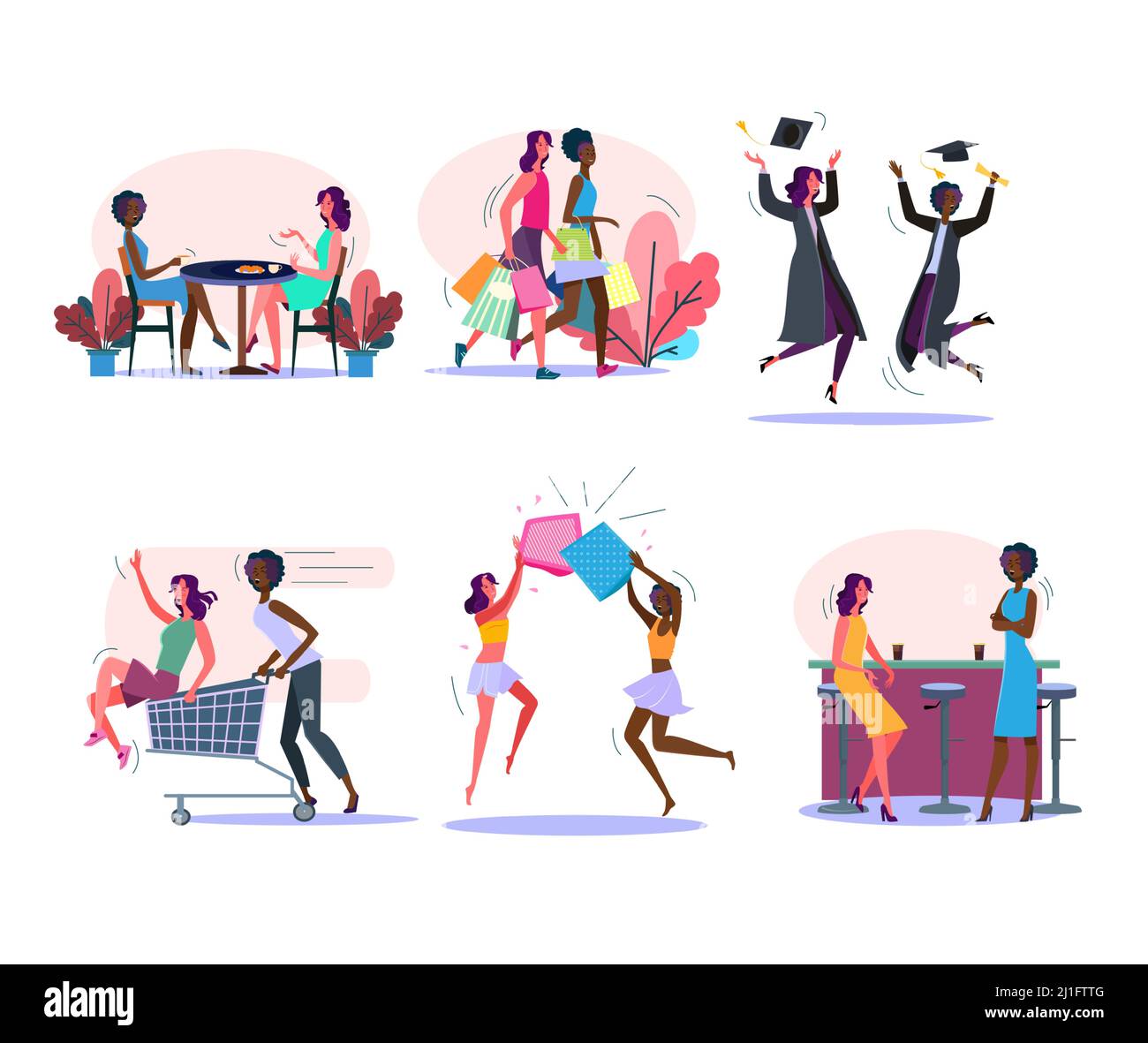 Female friends activities set. Women drinking coffee, doing shopping, graduating, having fun together. Friendship concept. Vector illustration for pos Stock Vector