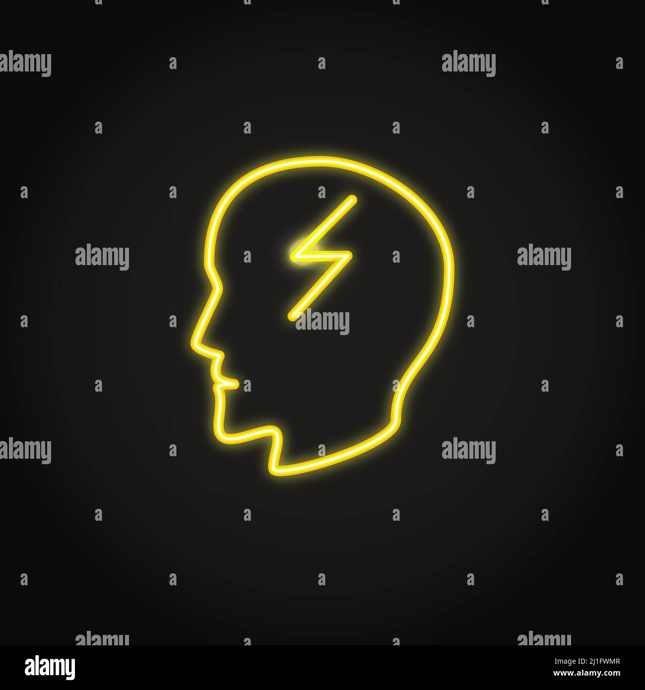 Headache concept icon in glowing neon style. Human head profile with