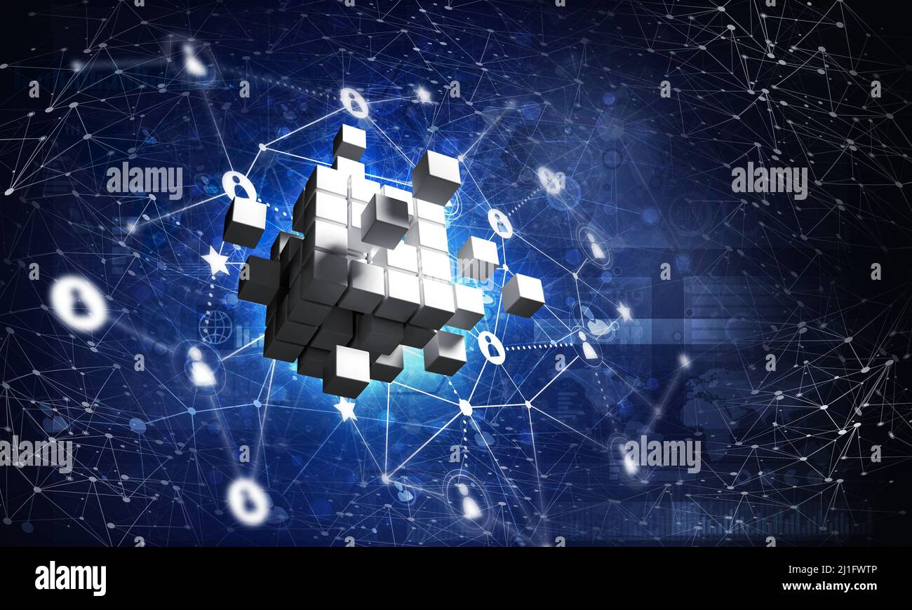 Concept of Internet and networking with digital cube figure on dark ...