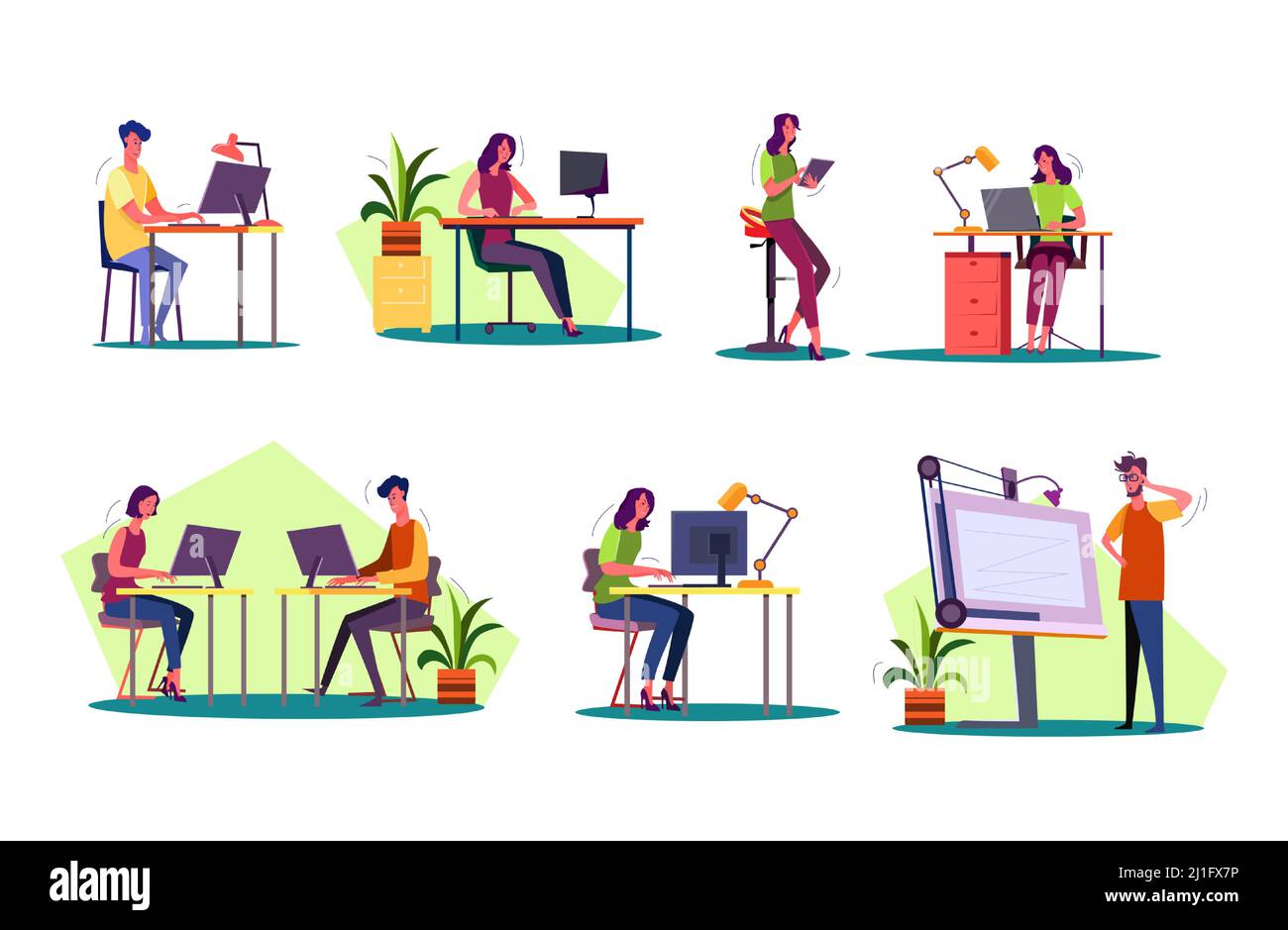 Professional at workplaces set. Man and woman working on desktop, laptop, tablet, blueprint. Business concept. Vector illustration for posters, presen Stock Vector