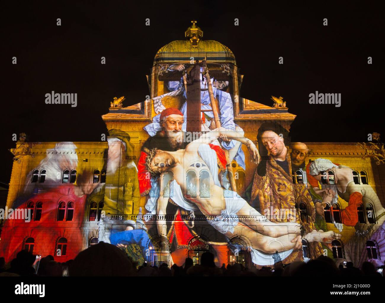 BERN - November 11: Light Show 'Rendesz-vous Bundesplatz' projected on the Swiss government building (Bundeshaus) on November 11, 2017 in Bern, Switze Stock Photo