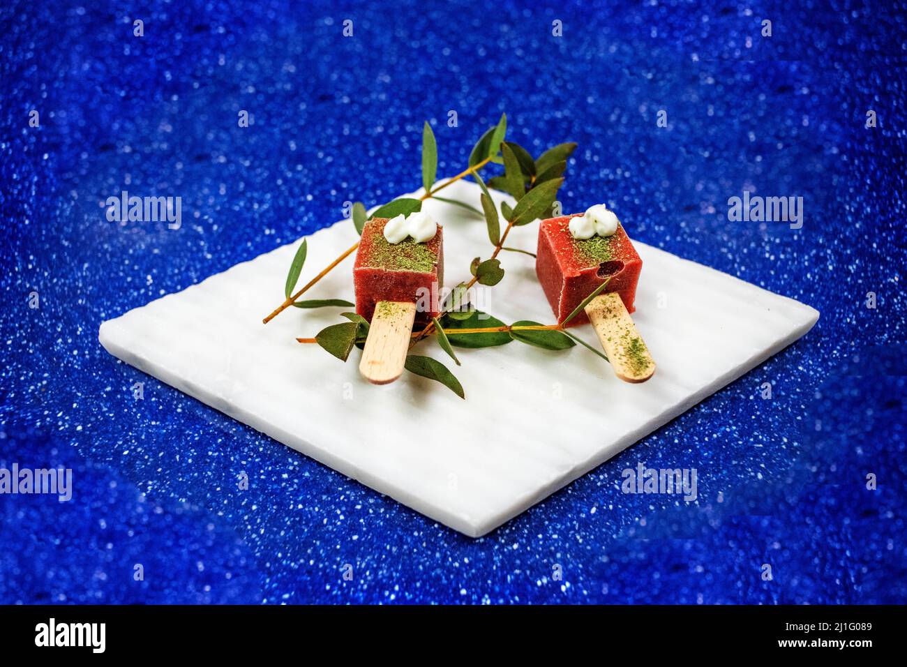 New flavors of gelato, such as his savory gelato with which he won the Gelato World Cup. Gourmet getaway italian food Michelin starred chef Luca Landi Stock Photo