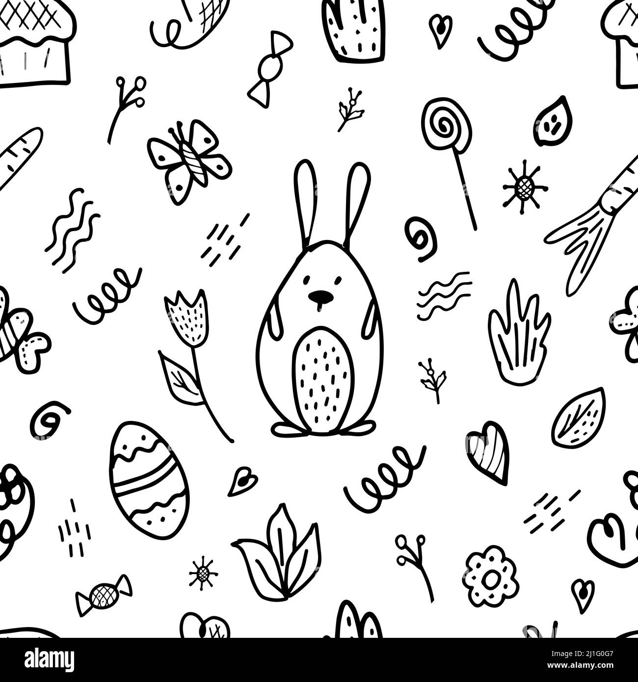 Black and white seamless illustration with Easter holiday. Design for textiles, wrapping paper or wallpaper. Easter time. Stock Vector