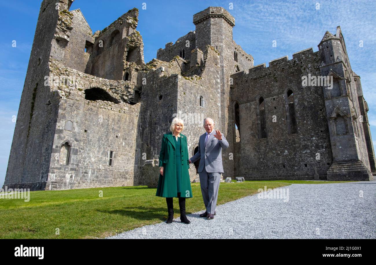 The Prince of Wales and the Duchess of Cornwall at The Rock of Cashel, Co Tipperary, at the end of their visit to the Republic of Ireland. Picture date: Friday March 25, 2022. Stock Photo