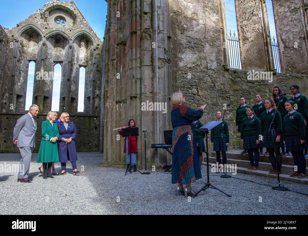 The Prince of Wales and the Duchess of Cornwall at The Rock of Cashel, Co Tipperary, at the end of their visit to the Republic of Ireland. Picture date: Friday March 25, 2022. Stock Photo