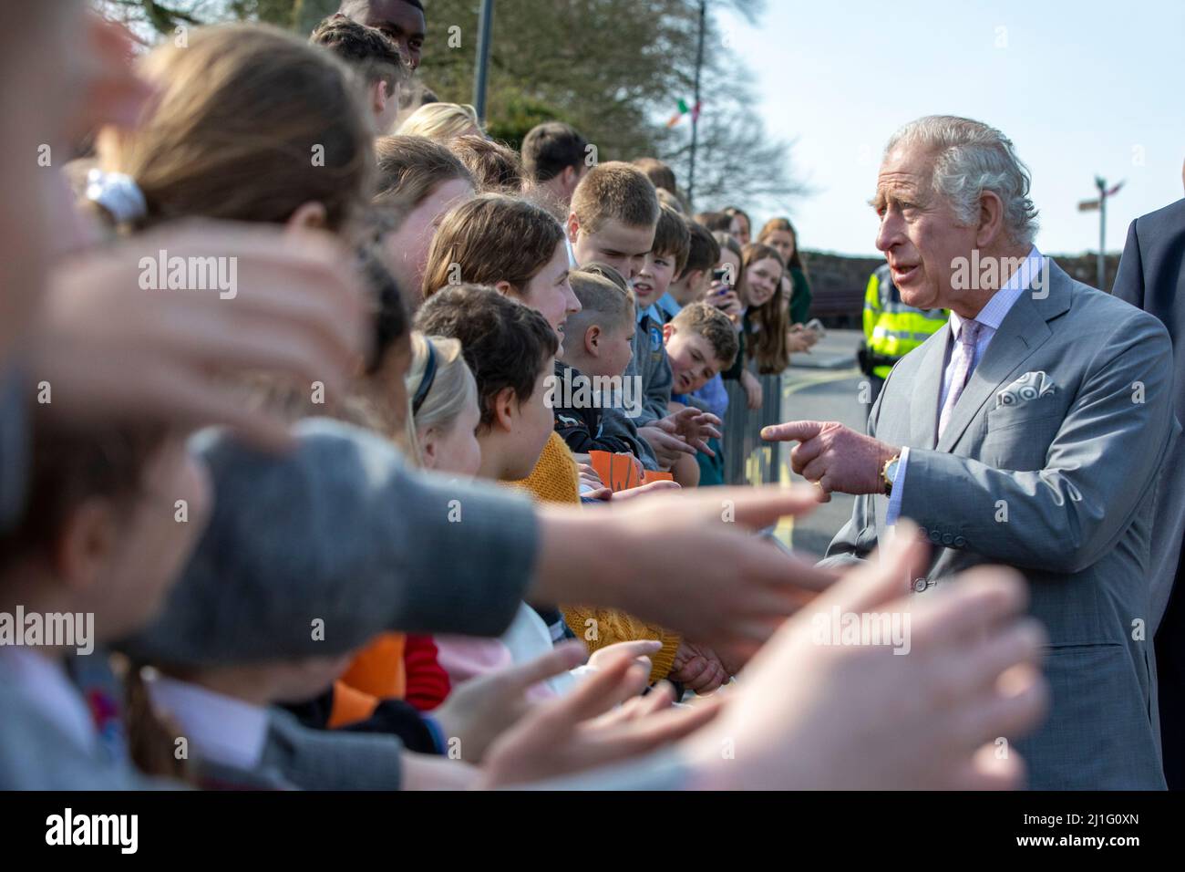 The Prince of Wales meets local schoolchildren after touring The Rock of Cashel, Co Tipperary, at the end of his visit to the Republic of Ireland. Picture date: Friday March 25, 2022. Stock Photo