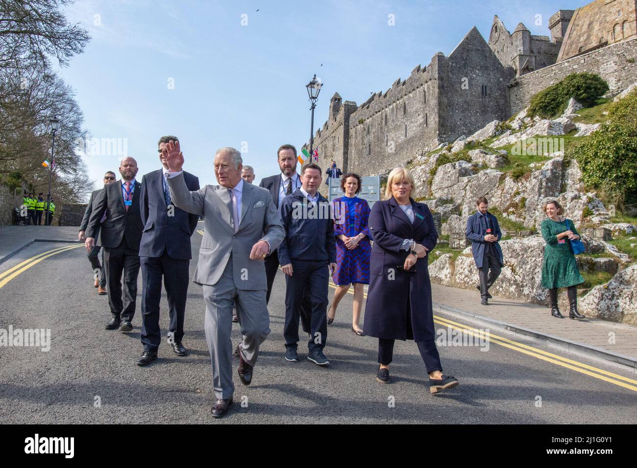 The Prince of Wales gestures as he goes to meet local schoolchildren after touring The Rock of Cashel, Co Tipperary, at the end of his visit to the Republic of Ireland. Picture date: Friday March 25, 2022. Stock Photo