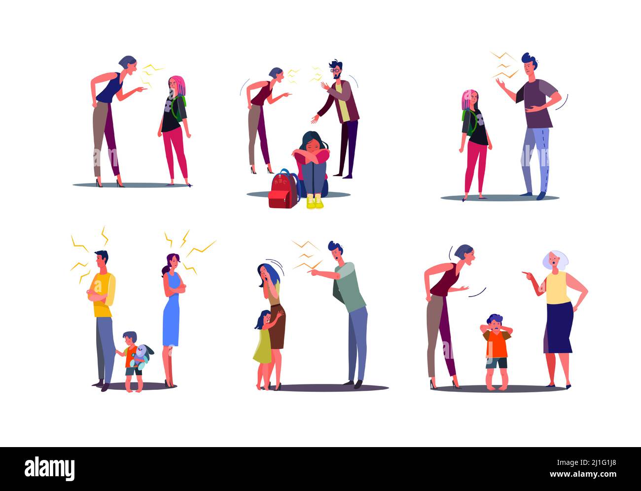 Set of angry people having conflict with wife, husband and child. Men and women arguing and shouting at spouses in presence of unhappy crying kid. Fam Stock Vector