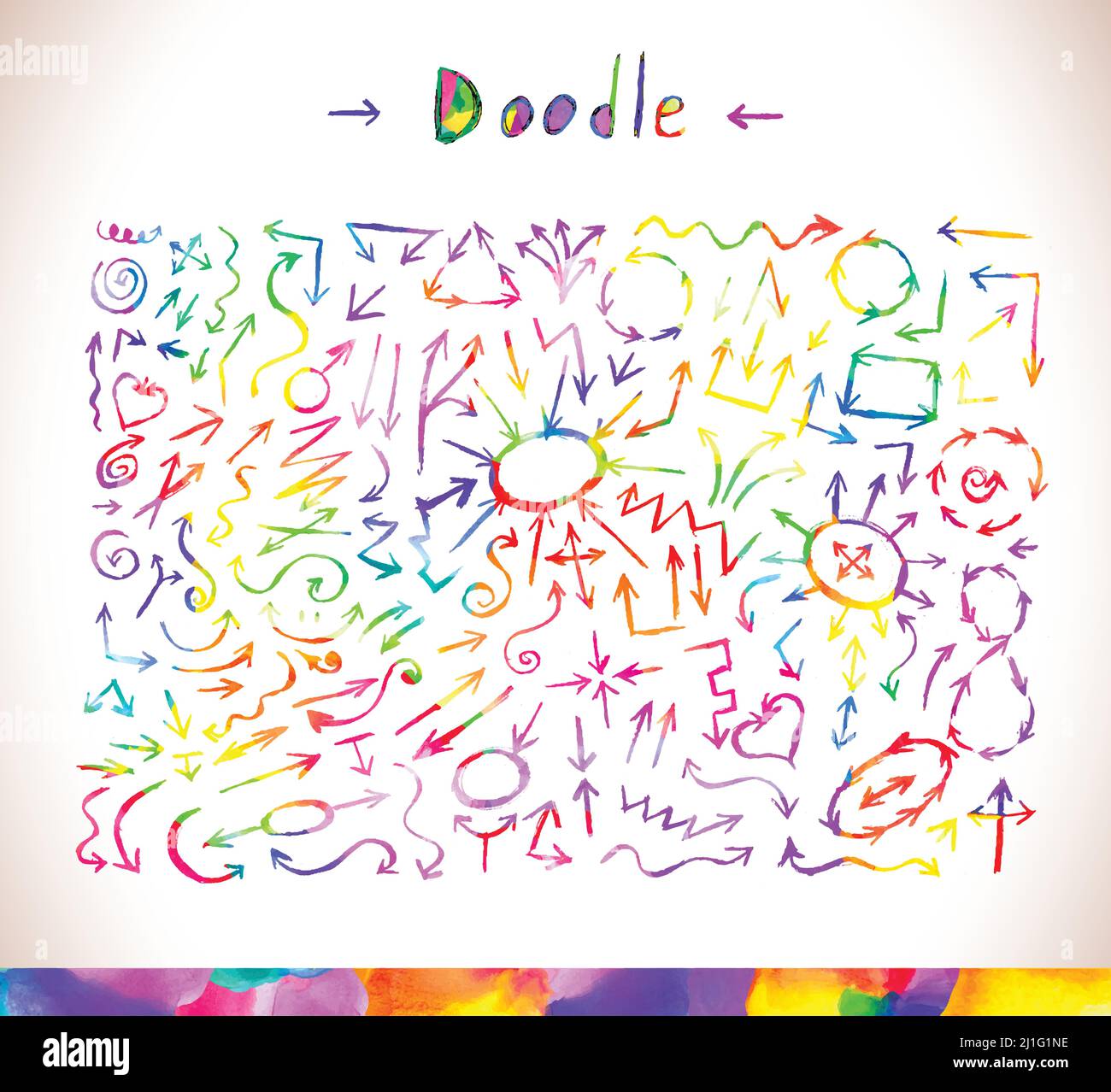 Big set of arrow doodle. Hand drawn shapes circles squares speech bubbles lines. Stock Vector