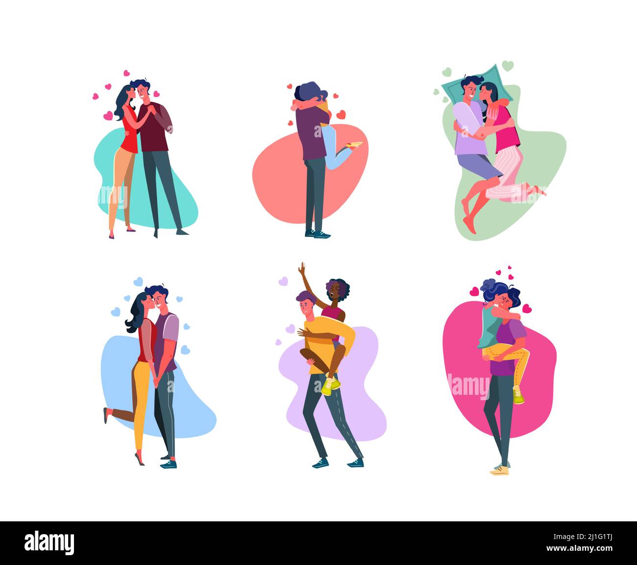 Set of affectionate couples embracing in love. Happy young men and women lovers hugging, holding hands, kissing, dating together. Romantic feelings, p Stock Vector