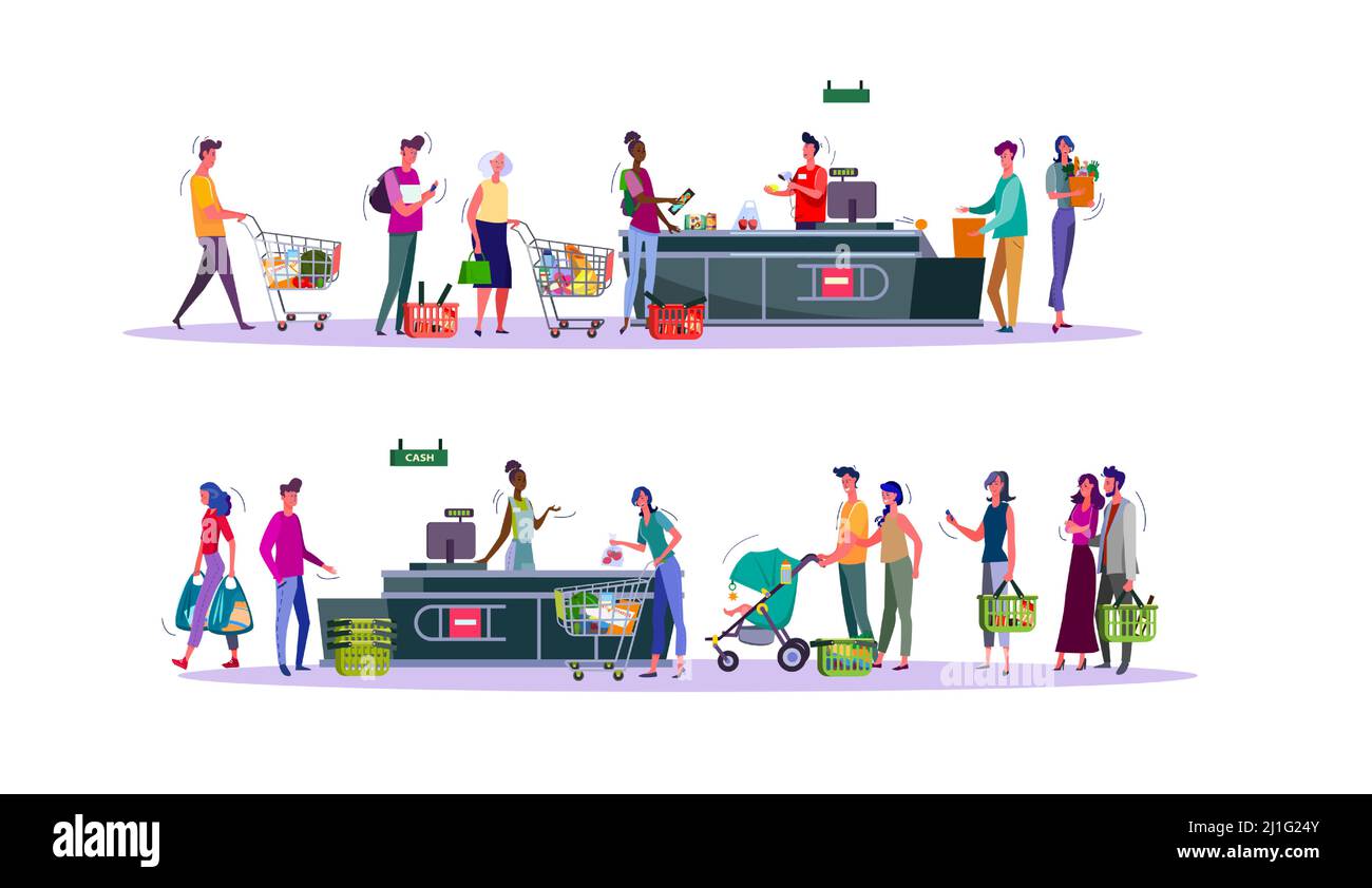 Set of buyers paying for purchases at supermarket checkout counter. Grocery shop cashier and shoppers standing in line with shopping carts. Diverse pe Stock Vector