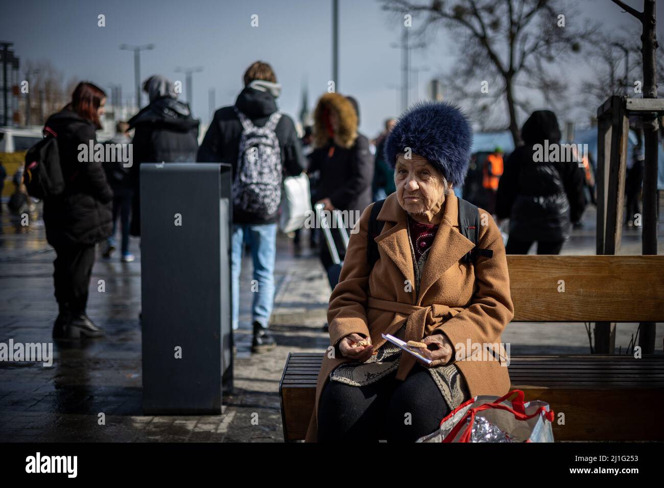 LVIV, UKRAINE - March 12, 2022: Humanitarian catastrophe during at russian aggression war against Ukraine. Refugees from the war-torn territories are Stock Photo