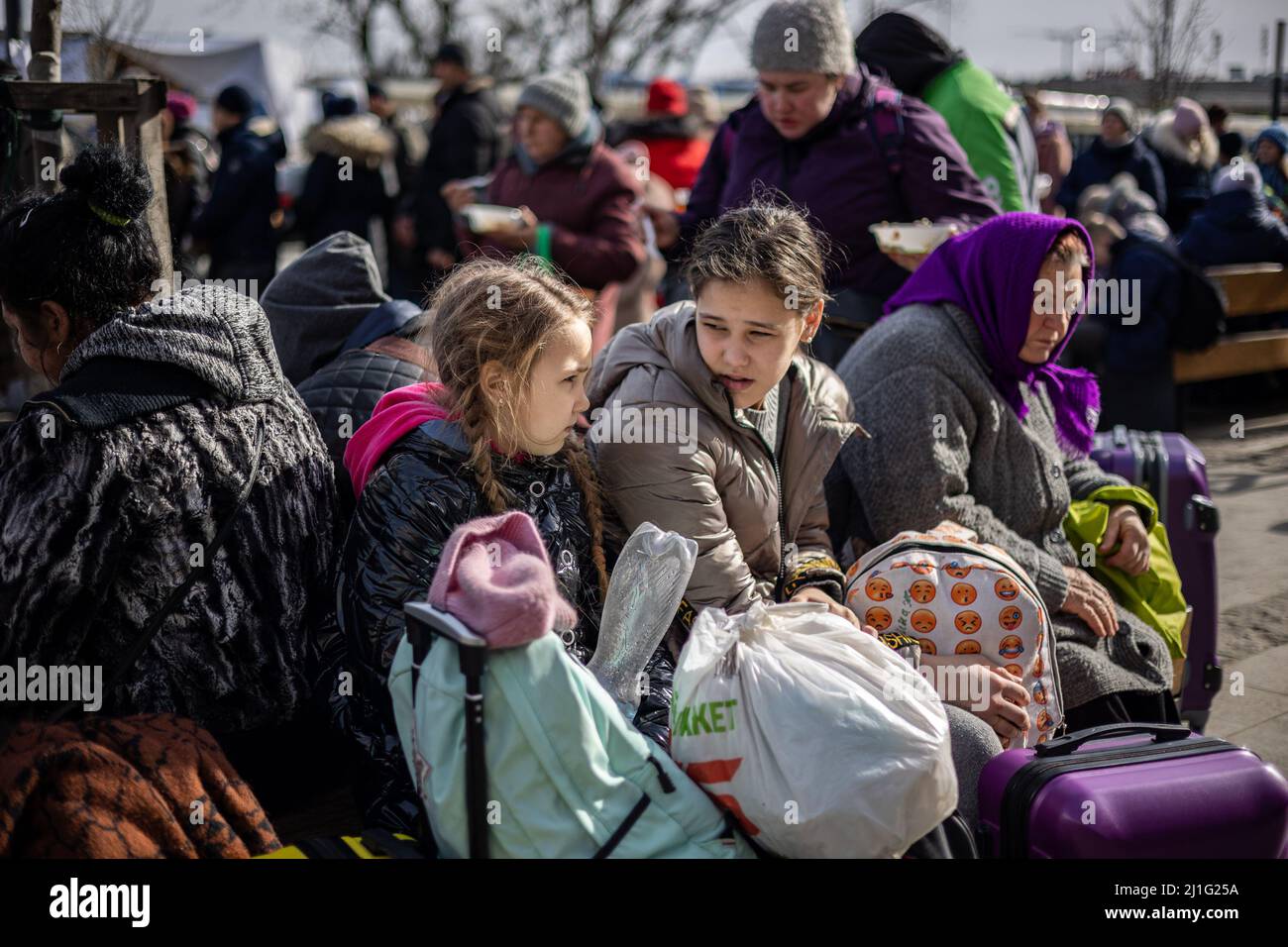 LVIV, UKRAINE - March 12, 2022: Humanitarian catastrophe during at russian aggression war against Ukraine. Refugees from the war-torn territories are Stock Photo