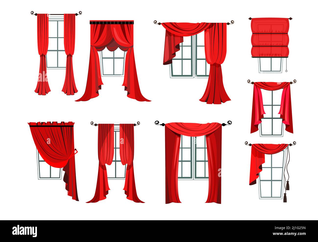 Set of various red curtains. Collection for home interior. Can be used for topics like Stock