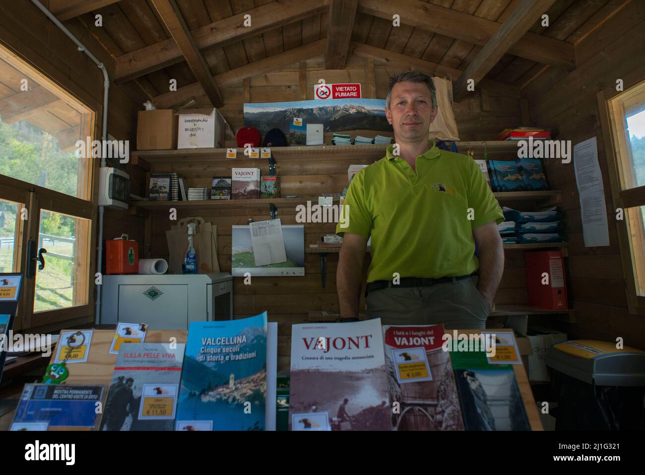 Erto and Casso (Pordenone), Italy 21/05/2016: Fabiano Bruna, nature guide of the Friulian Dolomites Natural Park. Vajont dam information point. © Andrea Sabbadini Stock Photo