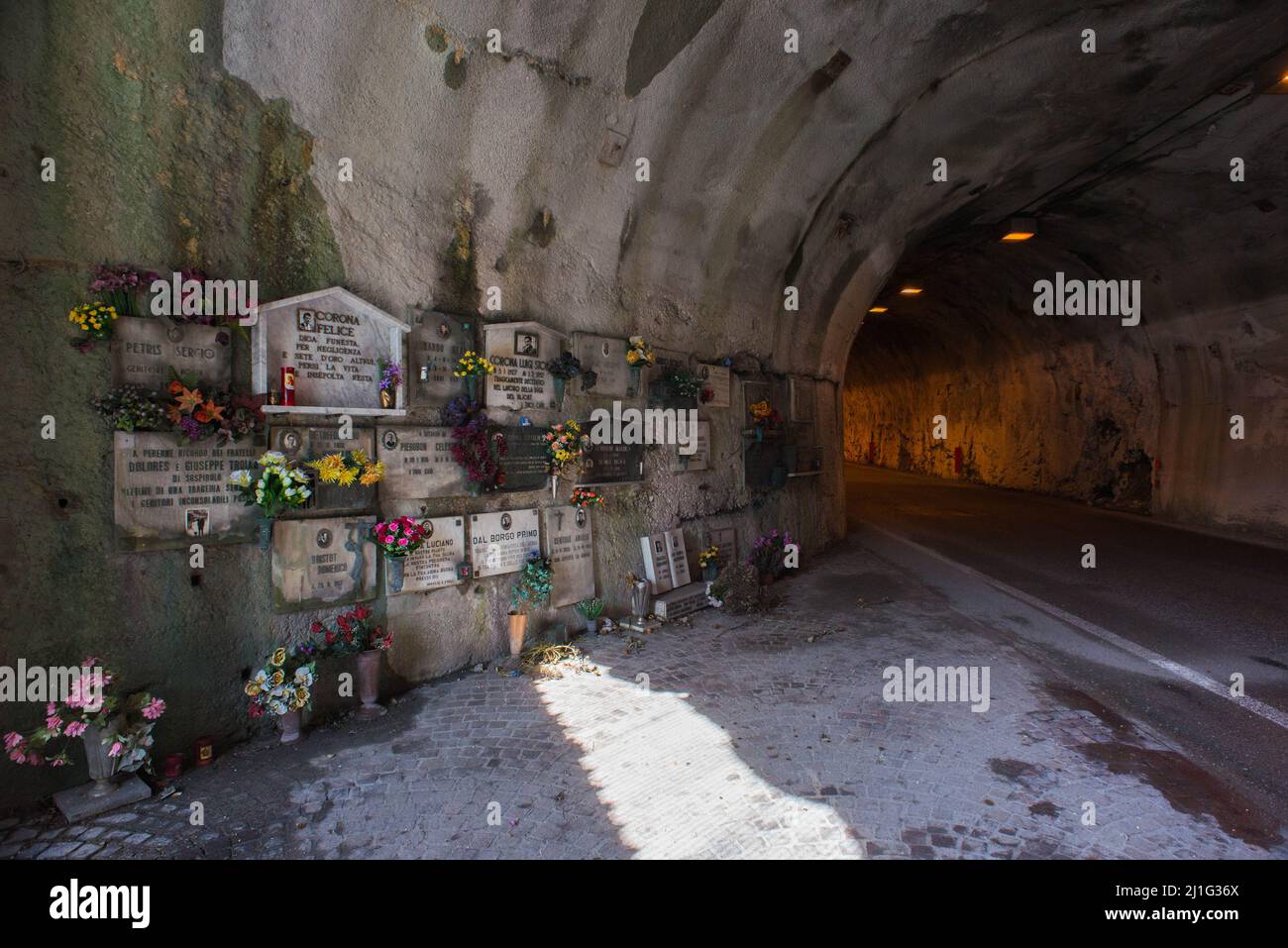 Erto and Casso (Pordenone), Italy 21/05/2016: tombstones in memory of the workers killed in the construction of the dam and the Vajont disaster in October 1963. © Andrea Sabbadini Stock Photo