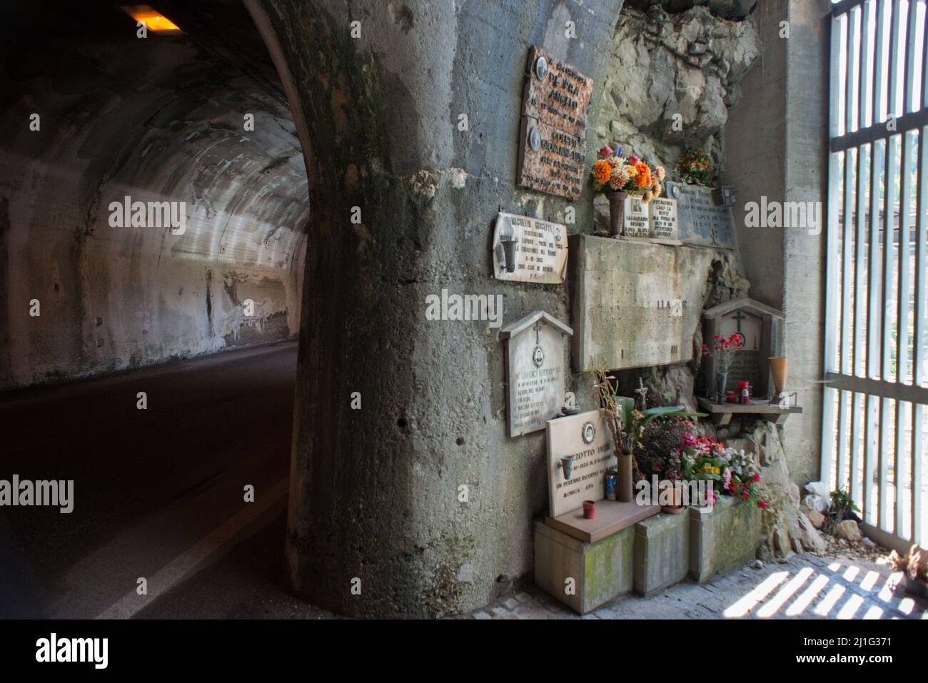 Erto and Casso (Pordenone), Italy 21/05/2016: tombstones in memory of the workers killed in the construction of the dam and the Vajont disaster in October 1963. © Andrea Sabbadini Stock Photo