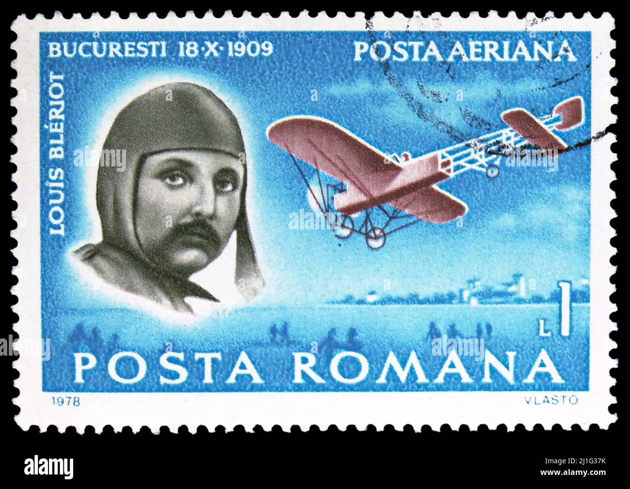 MOSCOW, RUSSIA - MARCH 10, 2022: Postage stamp printed in Romania shows Louis Bleriot (1909), Pioneers of Aviation serie, circa 1978 Stock Photo