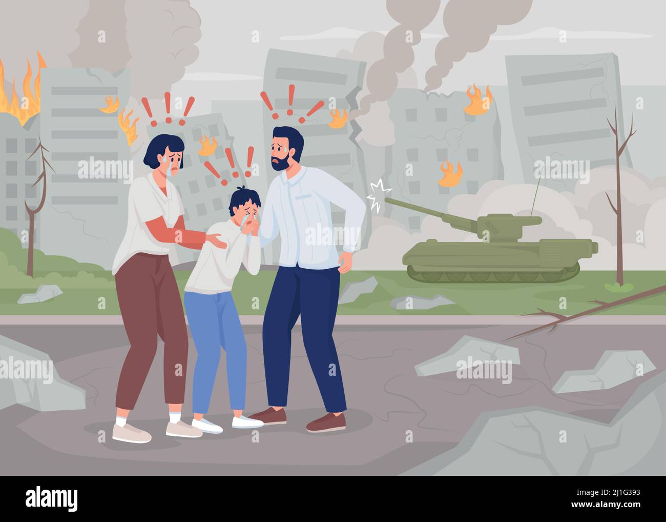 Terrified family in destroyed city flat color vector illustration Stock Vector