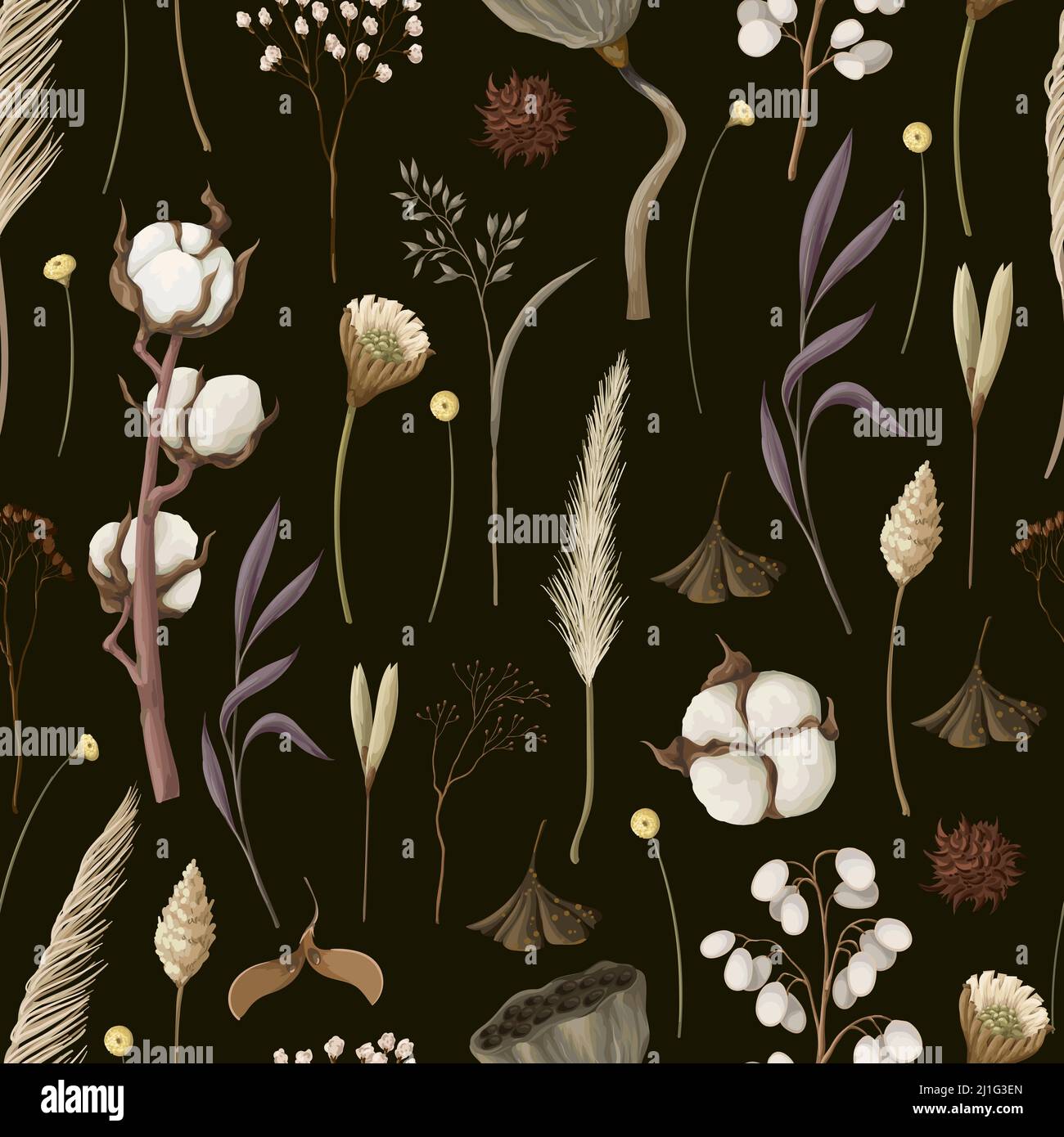 Seamless pattern with dried autmn flowers. Vector. Stock Vector