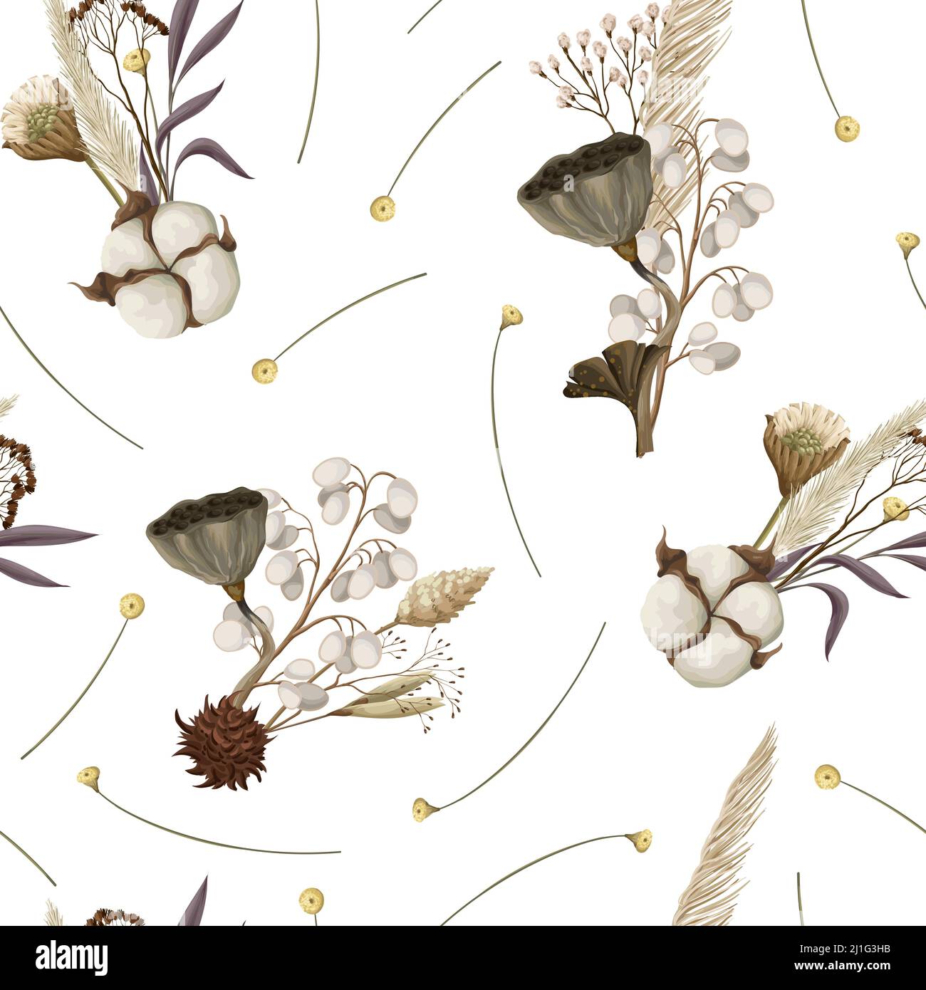 Seamless pattern with dried autmn flowers. Vector. Stock Vector