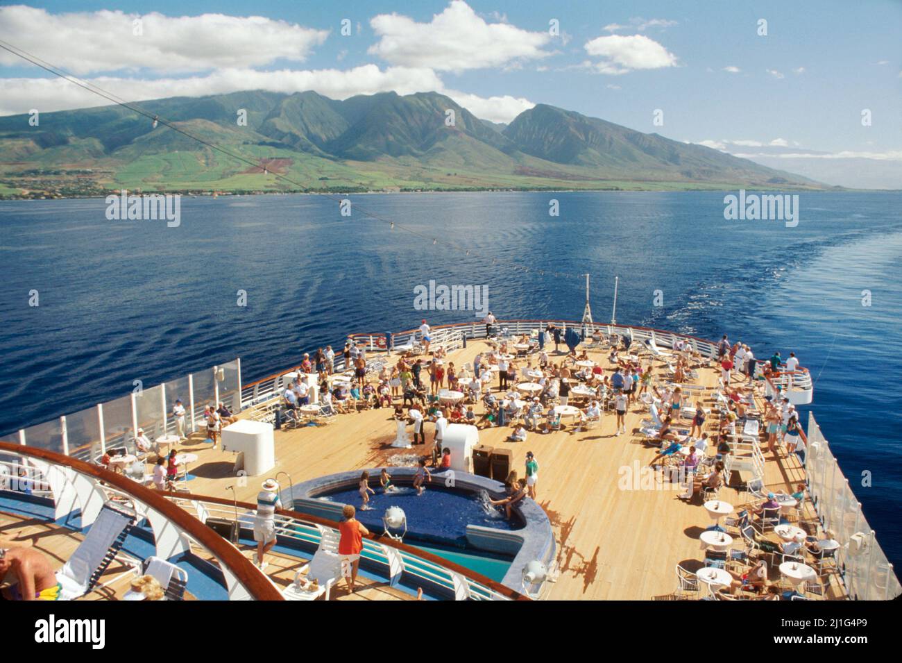 Hawaii Hawaiian Islands,Auau Channel Maui SS Constitution cruise cruising ship,buffet style deck passengers dining swimming pool, Stock Photo