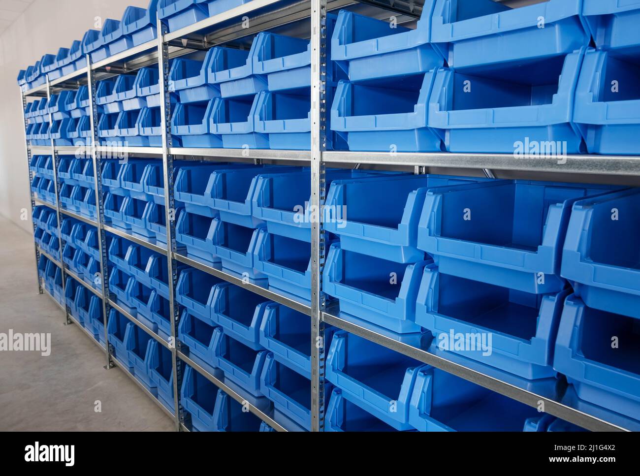 Tool Storage Box and Tool Chests Protective cases for tools and devices. blue plastic Storage boxes on Shelf for accessories or tools set in home offi Stock Photo