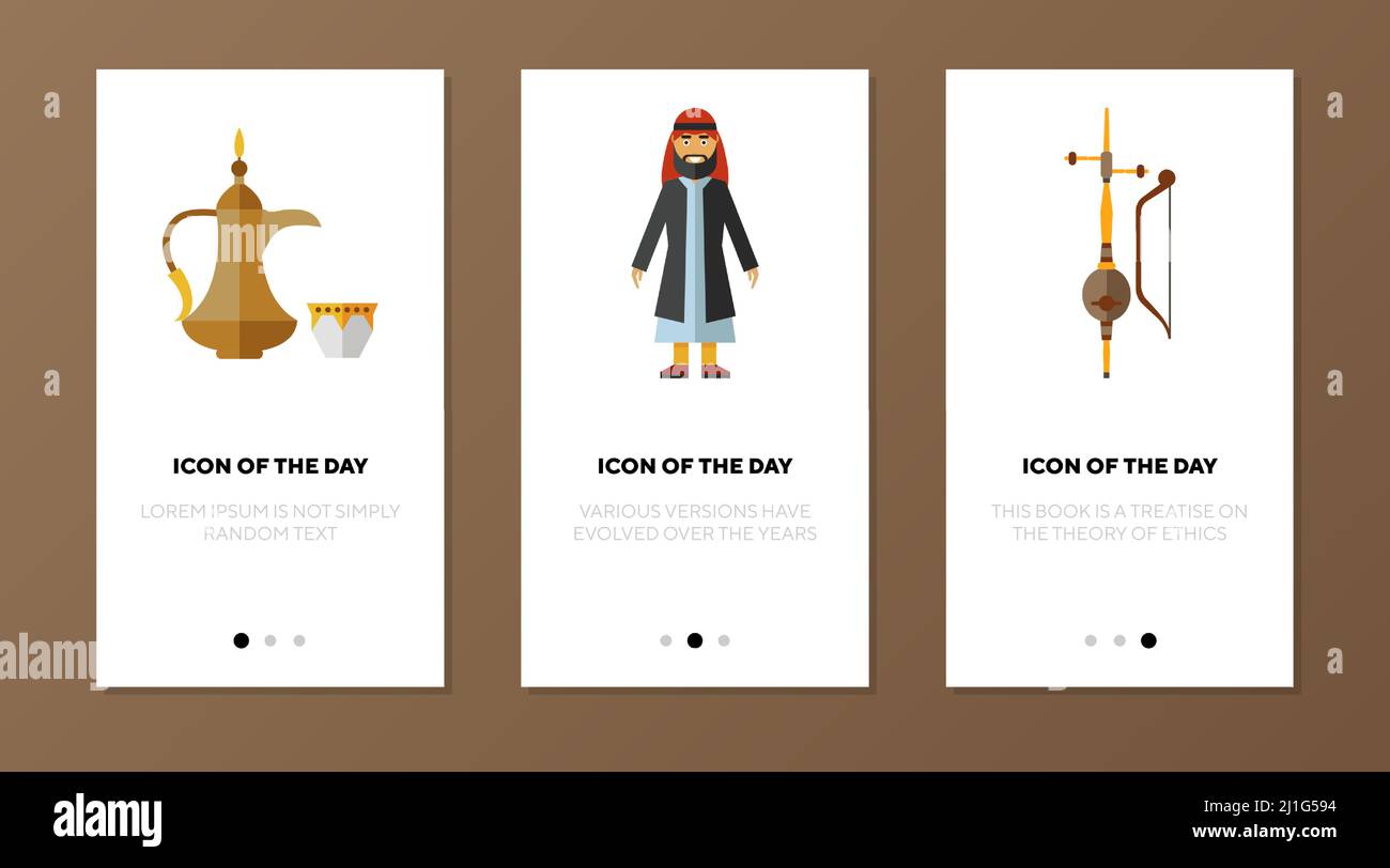 Arabic traditional objects icon set. Arab man, coffee pot, musical ...