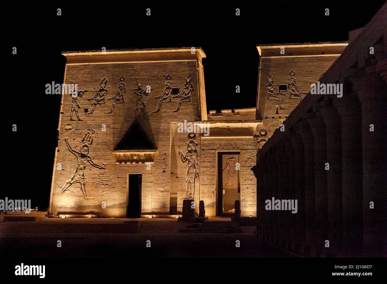 The Temple of Isis at Philae, first pylon, illuminated at night Stock Photo