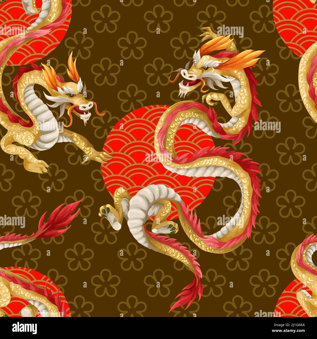 Seamless pattern with dragons. Oriental trendy print. Stock Vector
