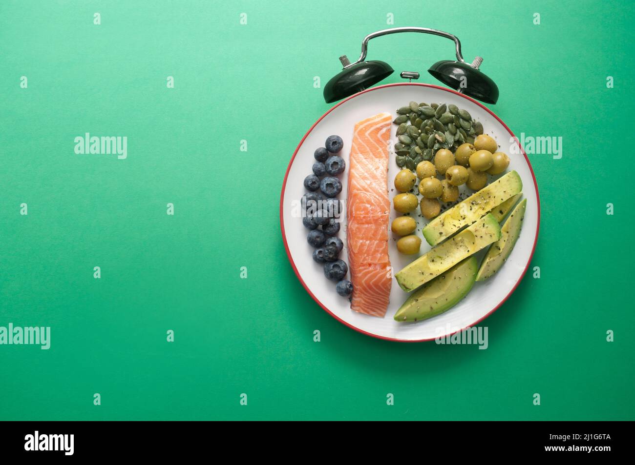 Keto nutrition including carbs, protein and fat on a plate with clock alarm Stock Photo
