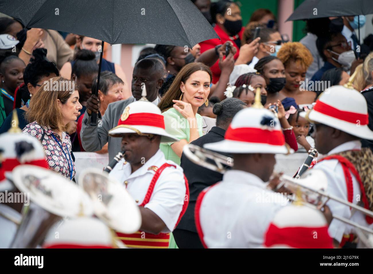 The Duchess of Cambridge watches a Junkanoo carnival in Parliament Square in Nassau, Bahamas, on day seven of her tour of the Caribbean on behalf of the Queen to mark her Platinum Jubilee. Picture date: Friday March 25, 2022. Stock Photo