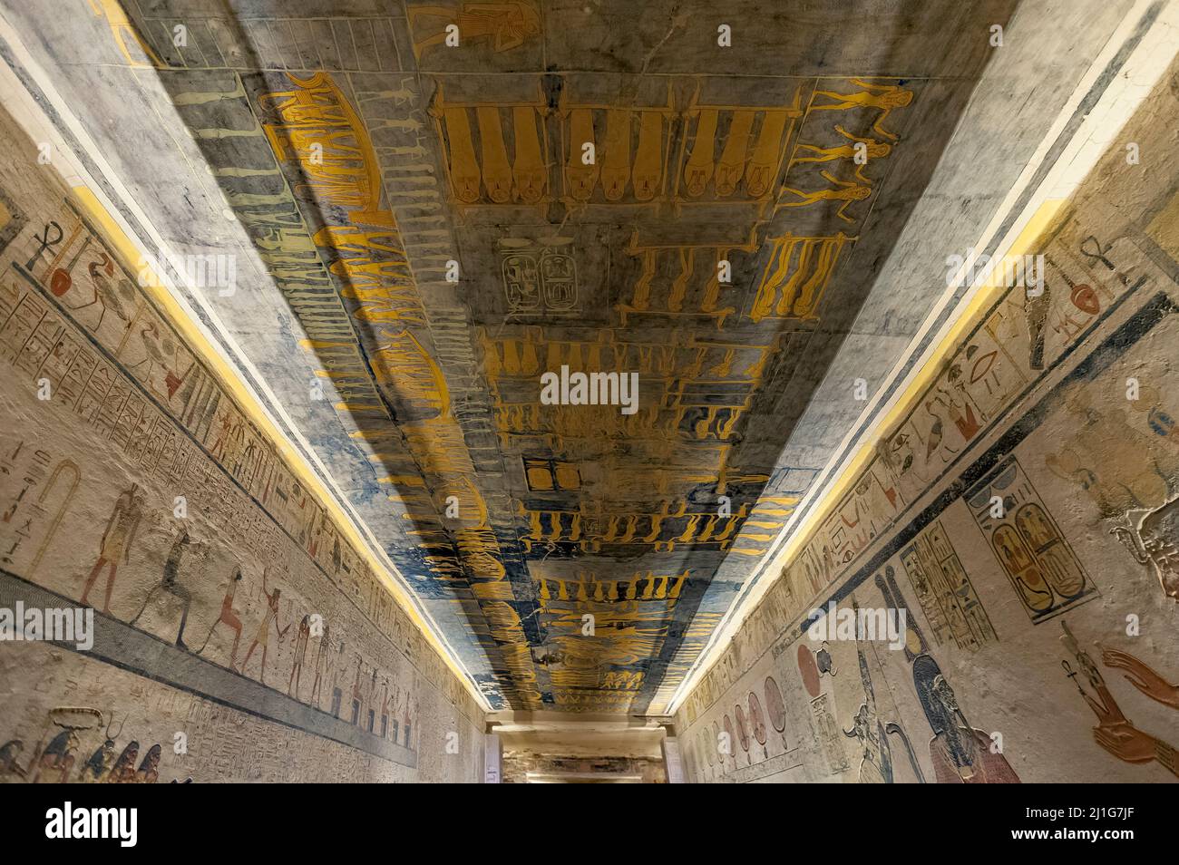 Ceiling of the tomb of Ramesses IX, KV6, in the Valley of the Kings, depicting the journey of the sun god Ra Stock Photo