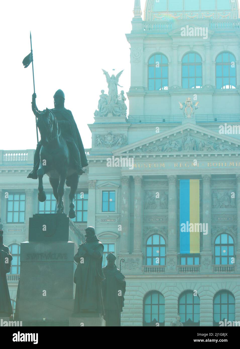 The Ukrainian flag at the National Museum of the Czech Republic in Prague, Europe, as a symbol of solidarity. 25.3.2022. Stock Photo